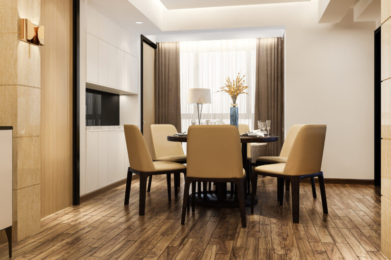 3D rendering of modern dining room and living room with laminate flooring and luxury décor
